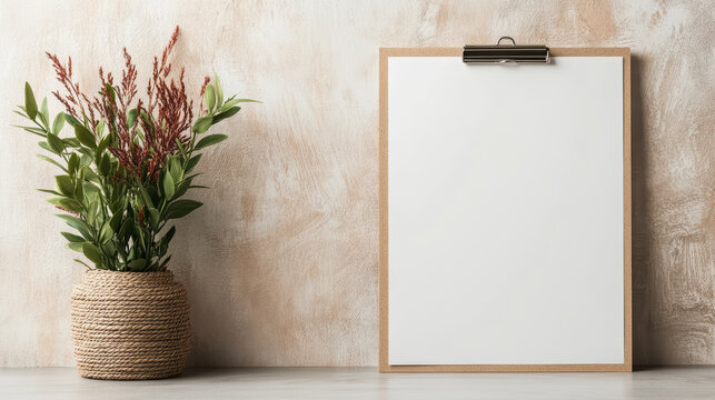 White clipboard mockup with blank sheet, natural plant and textured wall, calm workspace
