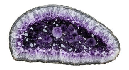 Fototapeta premium Amethyst geode isolated PNG, purple crystal gemstone with druzy quartz on transparent background, mineral specimen for jewelry and healing