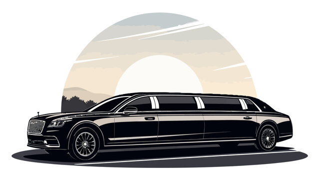 Elegant black limousine cruising against soft sunset backdrop, exuding luxury and prestige, perfect for upscale events and high-end travel promotions