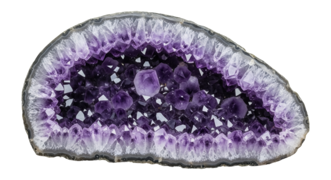 Amethyst geode isolated PNG, purple crystal gemstone with druzy quartz on transparent background, mineral specimen for jewelry and healing