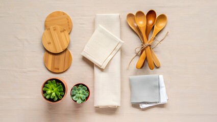 Natural kitchen essentials and succulent plants on a neutral background