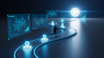 Man running on digital path with abstract data charts and target, illustrating concept of business strategy and future achievement