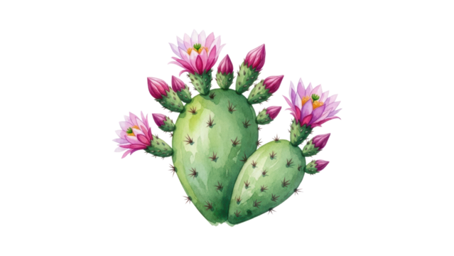 Vibrant Prickly Pear Cactus with Pink Flowers Illustration
