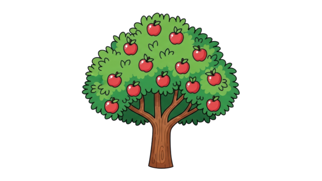 Cartoon apple tree with vibrant red apples and lush green foliage