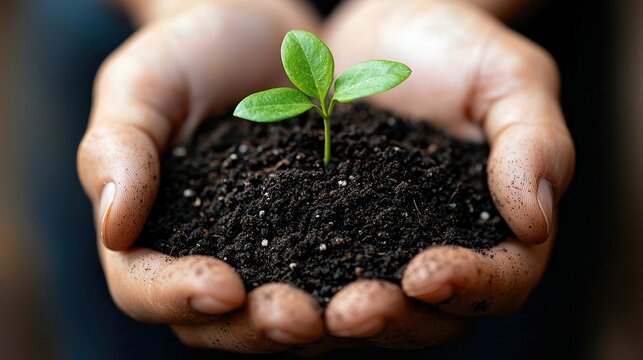 Close-up of hands holding a small seedling growing in soil. The image is lit with natural light, emphasizing the details of the plant and the hands.