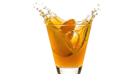 Refreshing orange juice splash in glass isolated PNG, citrus drink with fruit slices on transparent background for summer beverage concepts