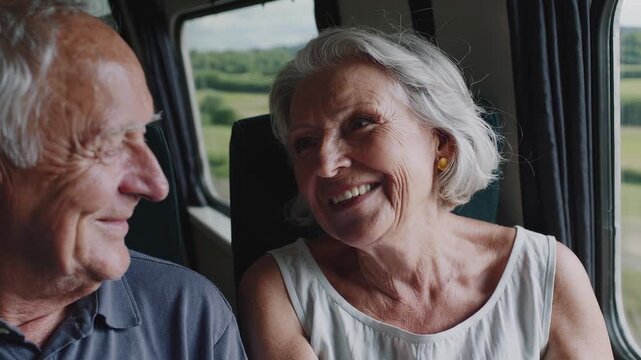 Elderly couple enjoying scenic train ride, smiling and sharing moments, camera pans to capture their joyful expressions and beautiful landscape outside