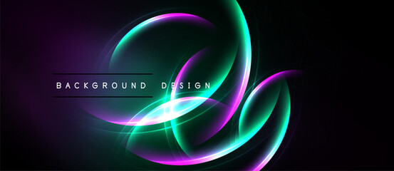 Abstract neon curves create dynamic background. Vibrant colors blend, forming flowing shapes against dark space. Modern design element.
