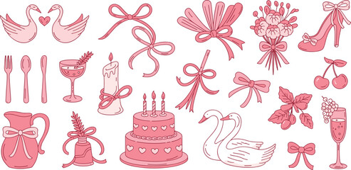 Romantic celebration vector illustration, wedding elements, swans, hearts, flowers, wine glasses, cake, ribbons, pink theme, anniversary, Valentine’s Day design