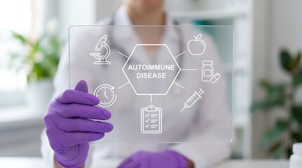 Immunologist using virtual touch screen presses the words AUTOIMMUNE DISEASE. Concept of Autoimmune Diseases Research Health Care Innovation,  hospital, innovation,
