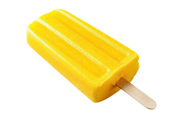 A vibrant yellow popsicle on a wooden stick, isolated on a black background