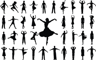 Large set of dancing people silhouettes vector collection of male and female dancers performing isolated on white background