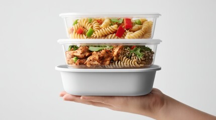 Realistic human arm and hand holding three stacked transparent tupperware containers filled with healthy meals on a clean white background with copy space