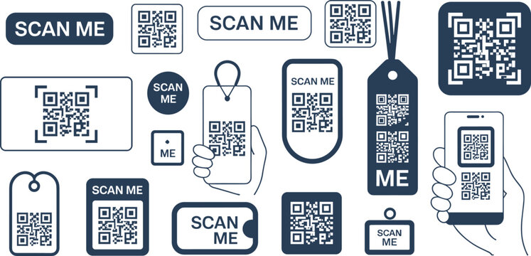 QR code vector set, scan me labels, mobile tags, keychain icons, marketing design, tech interface, digital access, promotional scan elements