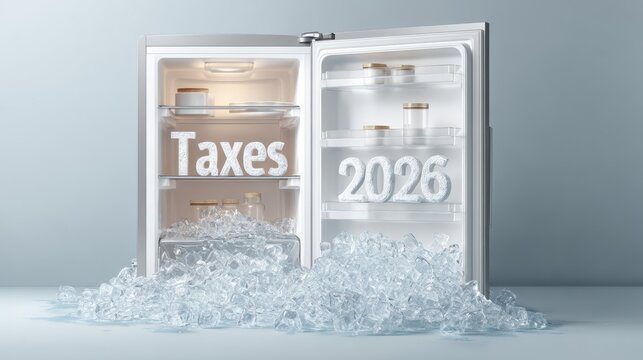 Refrigerator overflowing with ice and illuminated text reading Taxes 2026, symbolizing financial planning and the importance of timely tax preparation