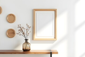 Minimal natural home interior with wooden wall frame, rustic shelf decor and transparent vase with fresh flowers