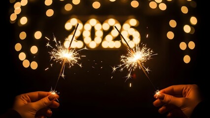 Hands holding burning sparklers to celebrate the New Year 2026 with golden bokeh lights in the background.
