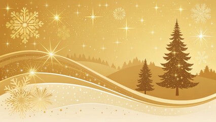 Golden Winter Landscape with Snowflakes and Sparkling Stars in a Festive Atmosphere