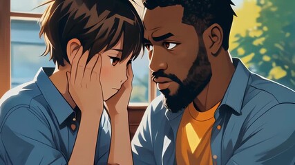 Anime-style illustration of an adult man comforting a distressed younger boy indoors.