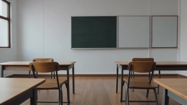 A 4K shot moves forward in an empty classroom with white walls, wooden tables, chairs, and a blackboard