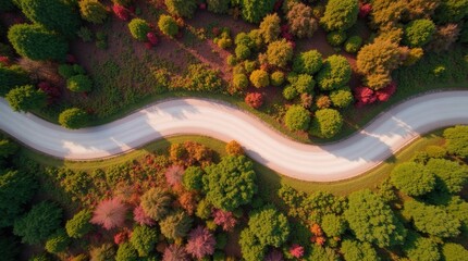 Aerial view of a winding road through a vibrant autumn forest