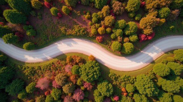 Aerial view of a winding road through a vibrant autumn forest