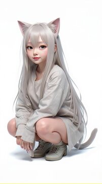 Anime-style digital art of a cute, young girl with long, silver hair, cat ears, and tail, wearing a grey oversized sweater and white sneakers
