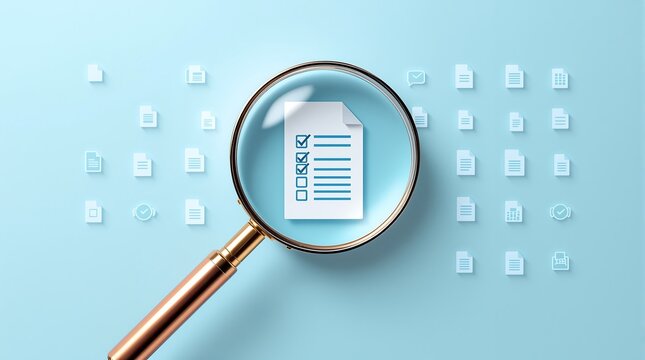 Document review checklist with magnifying glass for audit compliance and data analysis process task management