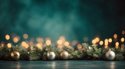 Fototapeta premium Minimalist Christmas Border with Greenery and Warm Bokeh Lights