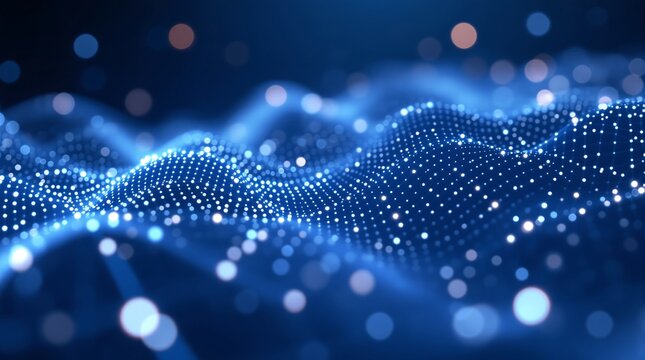 Blue technology background with glowing particles network data visualization abstract wave effect design 3d render