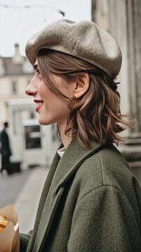 A woman in a long coat and beret holding a small paper bag with warm pastries, just exiting a quaint bakery with a subtle smile and soft, natural styling