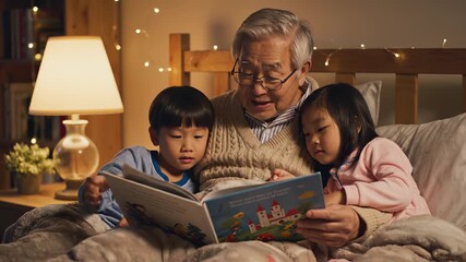 Grandfather reading a colorful storybook to two children in a cozy bedroom, capturing joyful moments, camera pans and zooms in on their expressions - Powered by Adobe