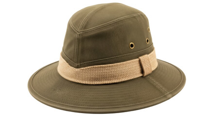 Olive green safari hat isolated PNG, classic outdoor headwear for travel and adventure on transparent background