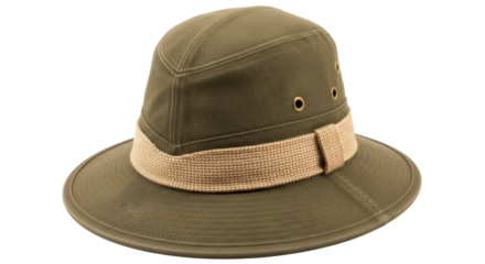 Olive green safari hat isolated PNG, classic outdoor headwear for travel and adventure on transparent background