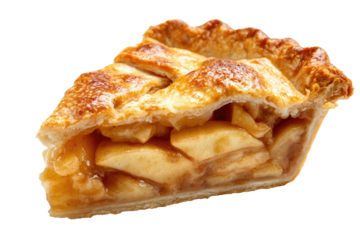 A single slice of golden baked fruit pie with a lattice top crust, cut in the foreground