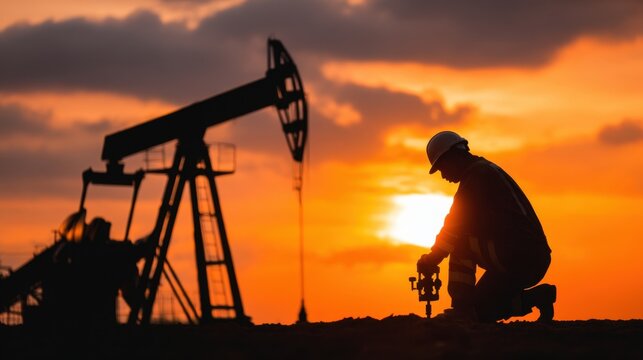 A man is kneeling down in front of a large oil rig. The sky is orange and the sun is setting