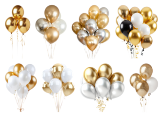 PNG Elegant gold silver balloon arrangement element set, transparent background