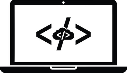 Laptop screen displaying a minimalist icon of code tags surrounding a cloud with a diagonal line through it, symbolizing challenges in cloud computing, data access, or secure software development