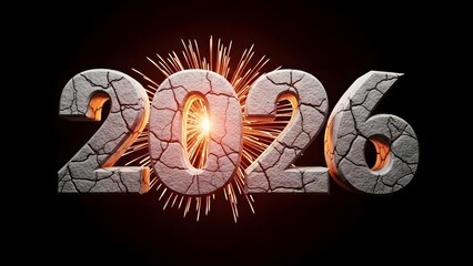 A striking digital illustration showcasing the year 2026 with a cracked stone texture and fireworks.