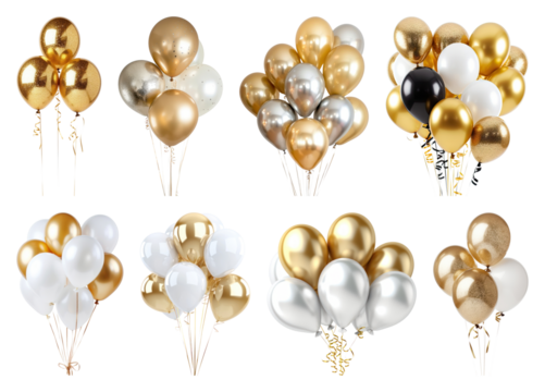 PNG Elegant gold silver balloon arrangement element set, transparent background
