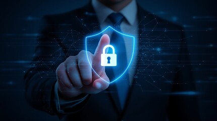 Cyber security concept businessman touching shield with lock data protection privacy internet technology