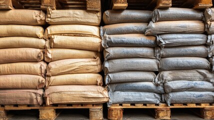 Stacked Burlap Bags of Various Materials on Wooden Pallets in a Warehouse Interior for Storage and Logistics Purposes