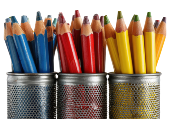 Pencils stand upright in three metallic containers, separated by color