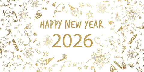 happy new year, new year 2026, 2026 text, gold confetti, party background, celebration design, holiday greeting, festive banner, new year poster, event backdrop, sparkle pattern, gold stars, party dec