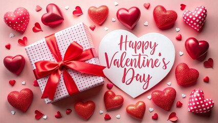 Gift box and heart shaped card for valentines day on pink background