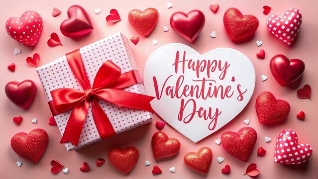 Gift box and heart shaped card for valentines day on pink background