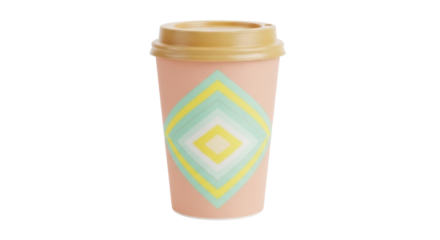 Peach coffee cup with geometric pattern isolated PNG, reusable travel mug for hot drinks on transparent background