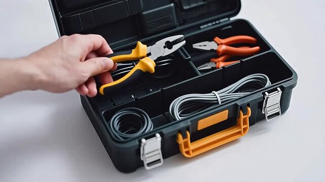 Hand selecting pliers from open toolbox
