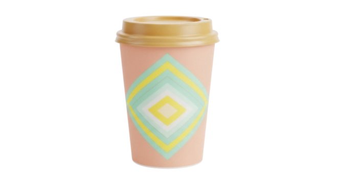 Peach coffee cup with geometric pattern isolated PNG, reusable travel mug for hot drinks on transparent background