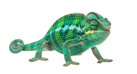 Colorful panther chameleon isolated PNG on transparent backdrop, Furcifer pardalis with vibrant green and turquoise skin, exotic pet